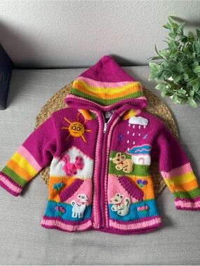 Isabella Mia Peru Size 0 Hooded Knit Sweater Animal Appliqué Colorful